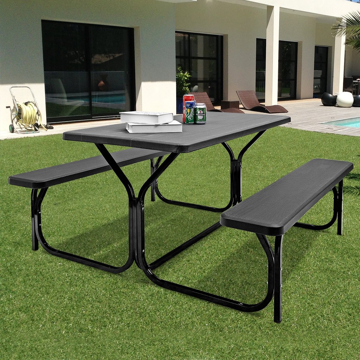 HDPE Outdoor Picnic Table Bench Set with Metal Base, Black - Gallery Canada