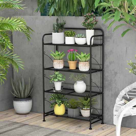 4-Tier Folding Plant Stand with Adjustable Shelf and Feet, Black - Gallery Canada