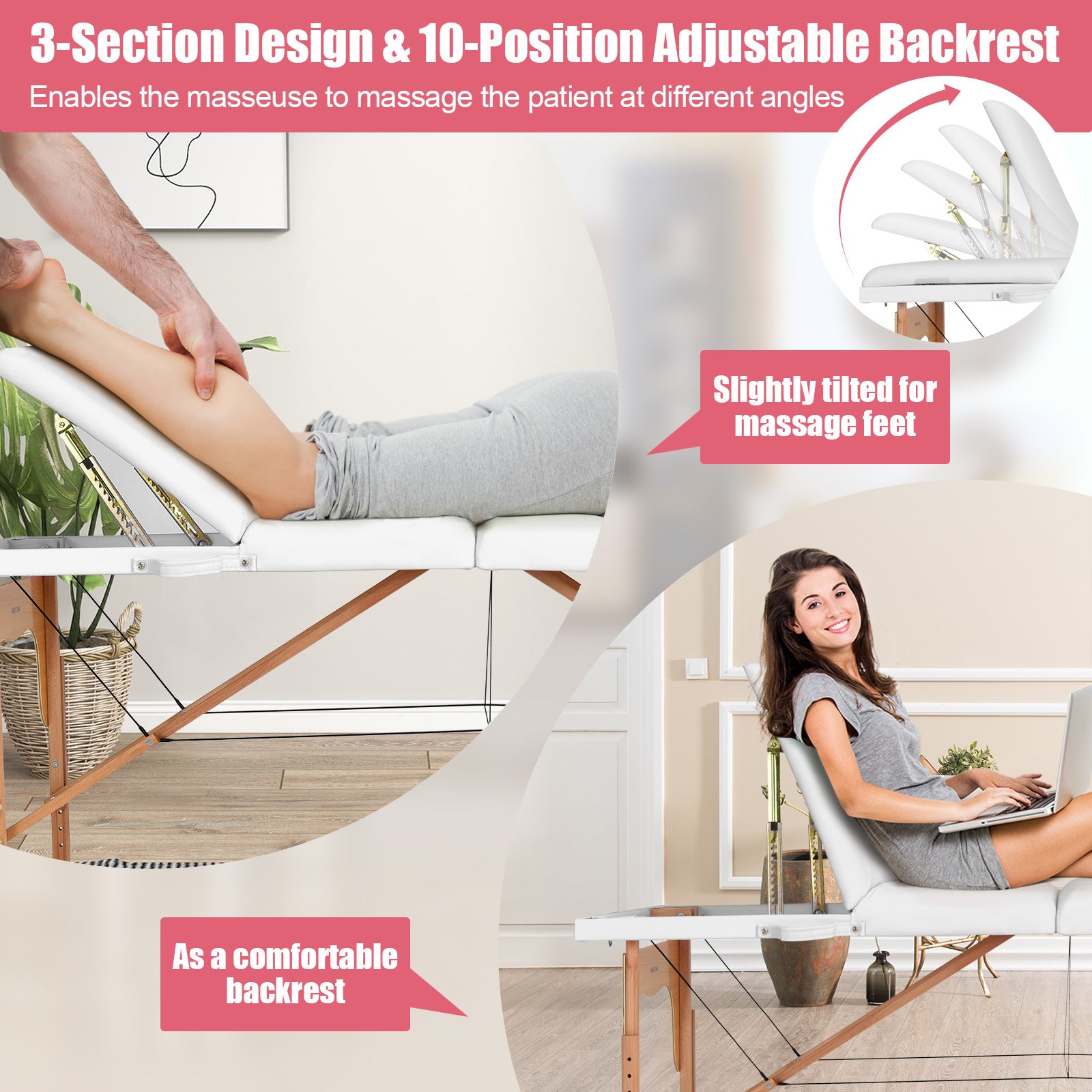 3 Fold Portable Adjustable Massage Table with Carry Case, White Spa & Salon at Gallery Canada