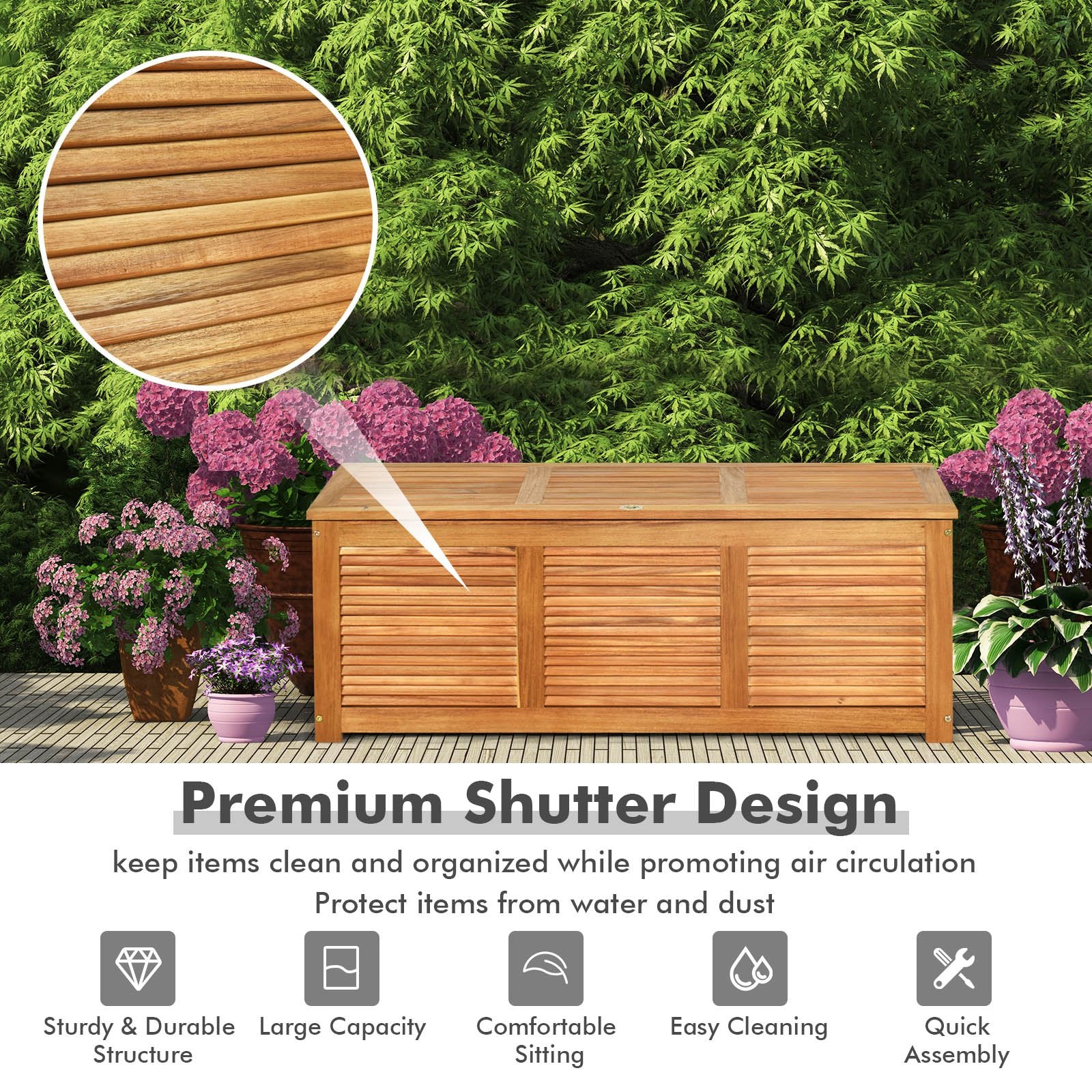 47 Gallon Acacia Wood Storage Bench Box for Patio Garden Deck, Natural - Gallery Canada