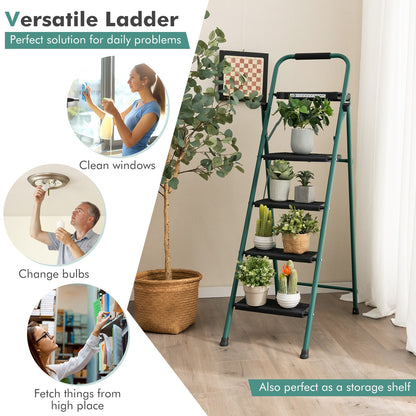 Folding 4-Step Ladder with Tool Tray Non-Slip Footpads and Pedals, Black