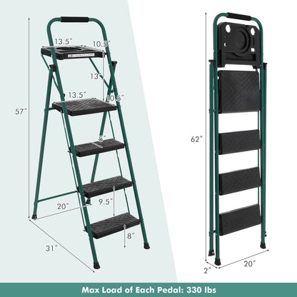 Folding 4-Step Ladder with Tool Tray Non-Slip Footpads and Pedals, Black