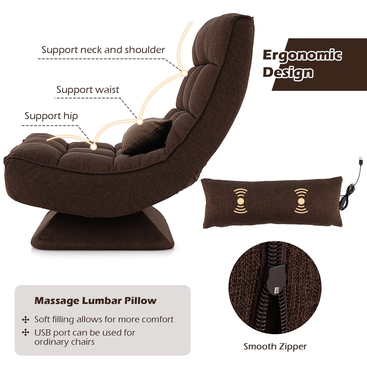 5-Level Adjustable 360° Swivel Floor Chair with Massage Pillow, Brown
