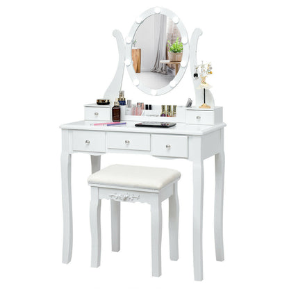10 Dimmable Lights Vanity Table Set with Lighted Mirror and Cushioned Stool, White Makeup Vanities at Gallery Canada