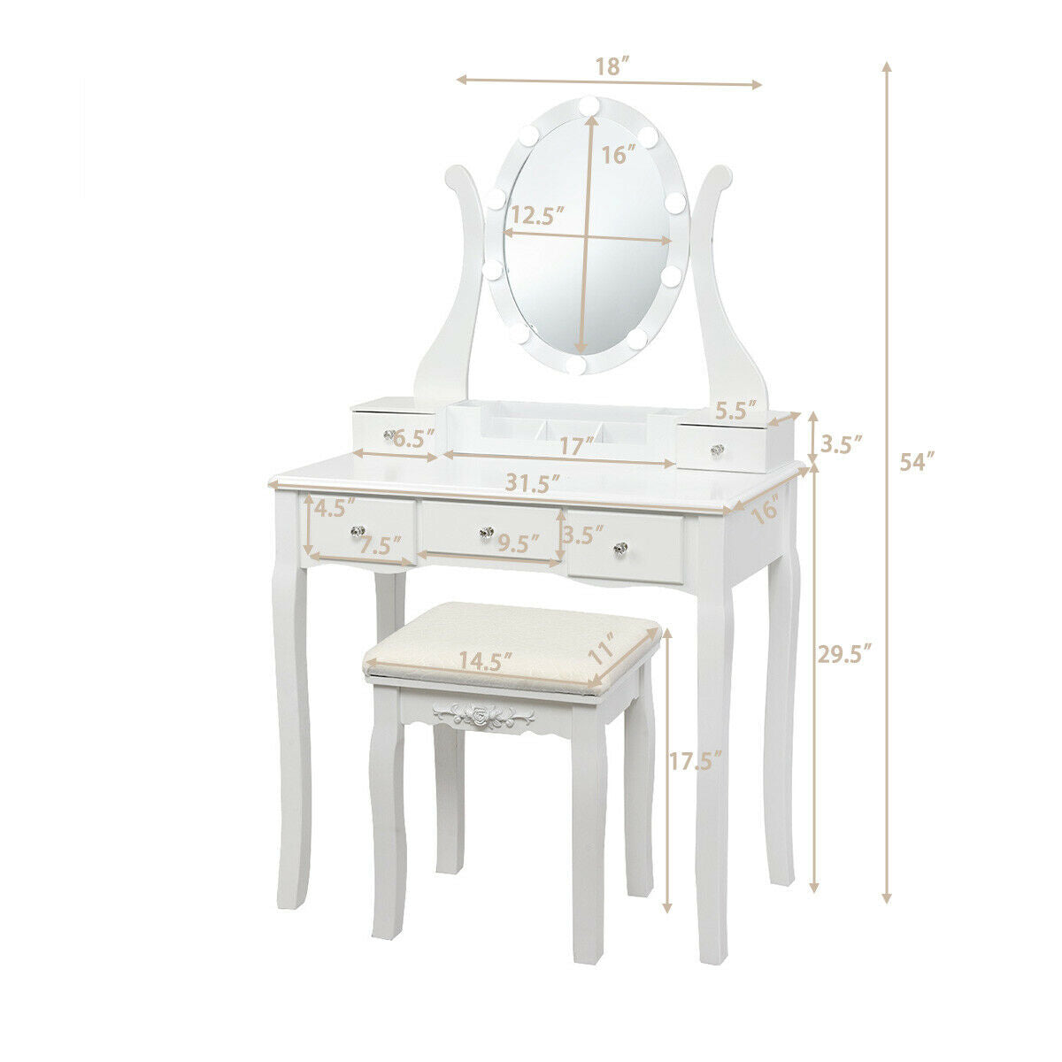 10 Dimmable Lights Vanity Table Set with Lighted Mirror and Cushioned Stool, White Makeup Vanities at Gallery Canada