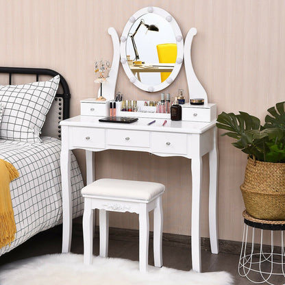 10 Dimmable Lights Vanity Table Set with Lighted Mirror and Cushioned Stool, White Makeup Vanities at Gallery Canada
