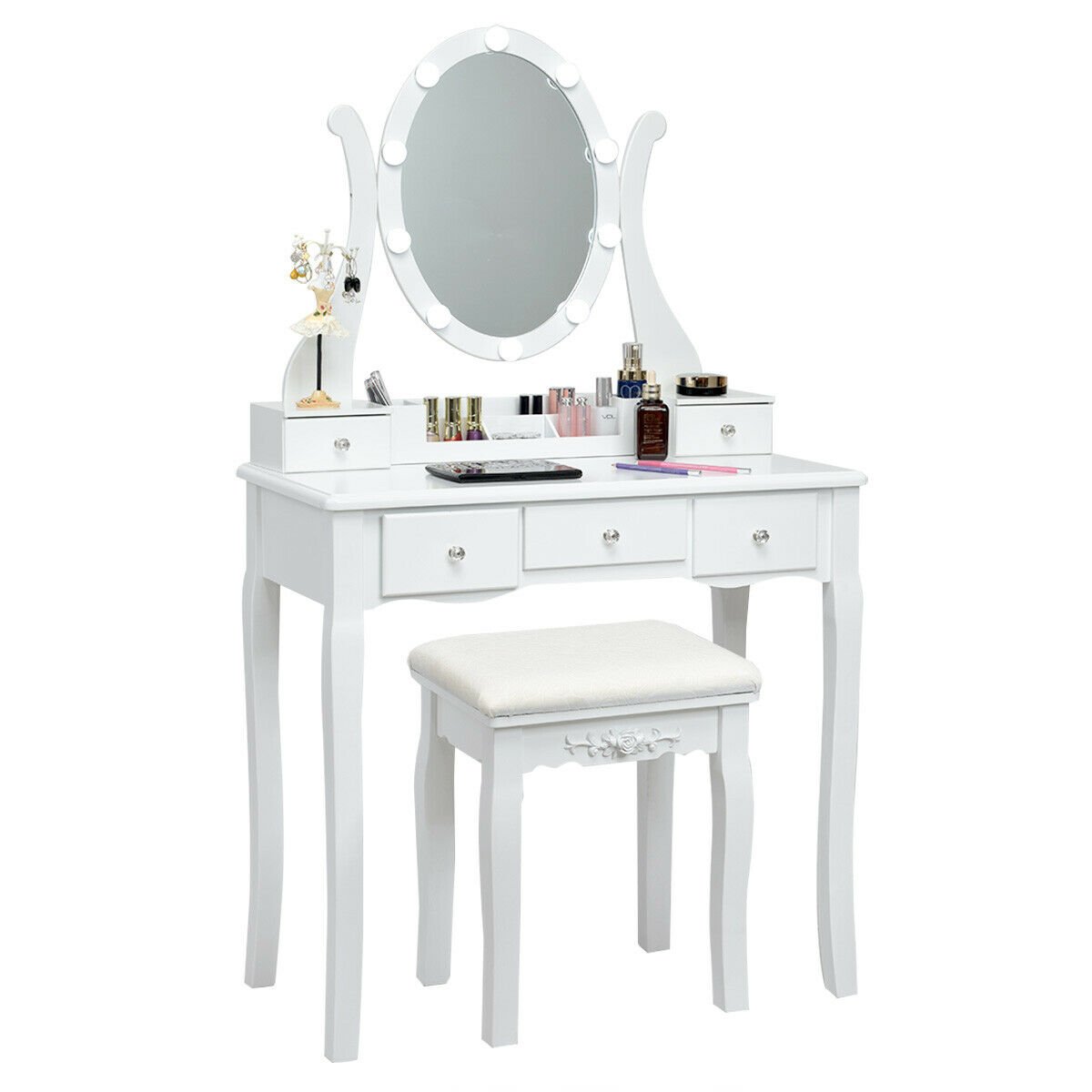10 Dimmable Lights Vanity Table Set with Lighted Mirror and Cushioned Stool, White Makeup Vanities White at Gallery Canada