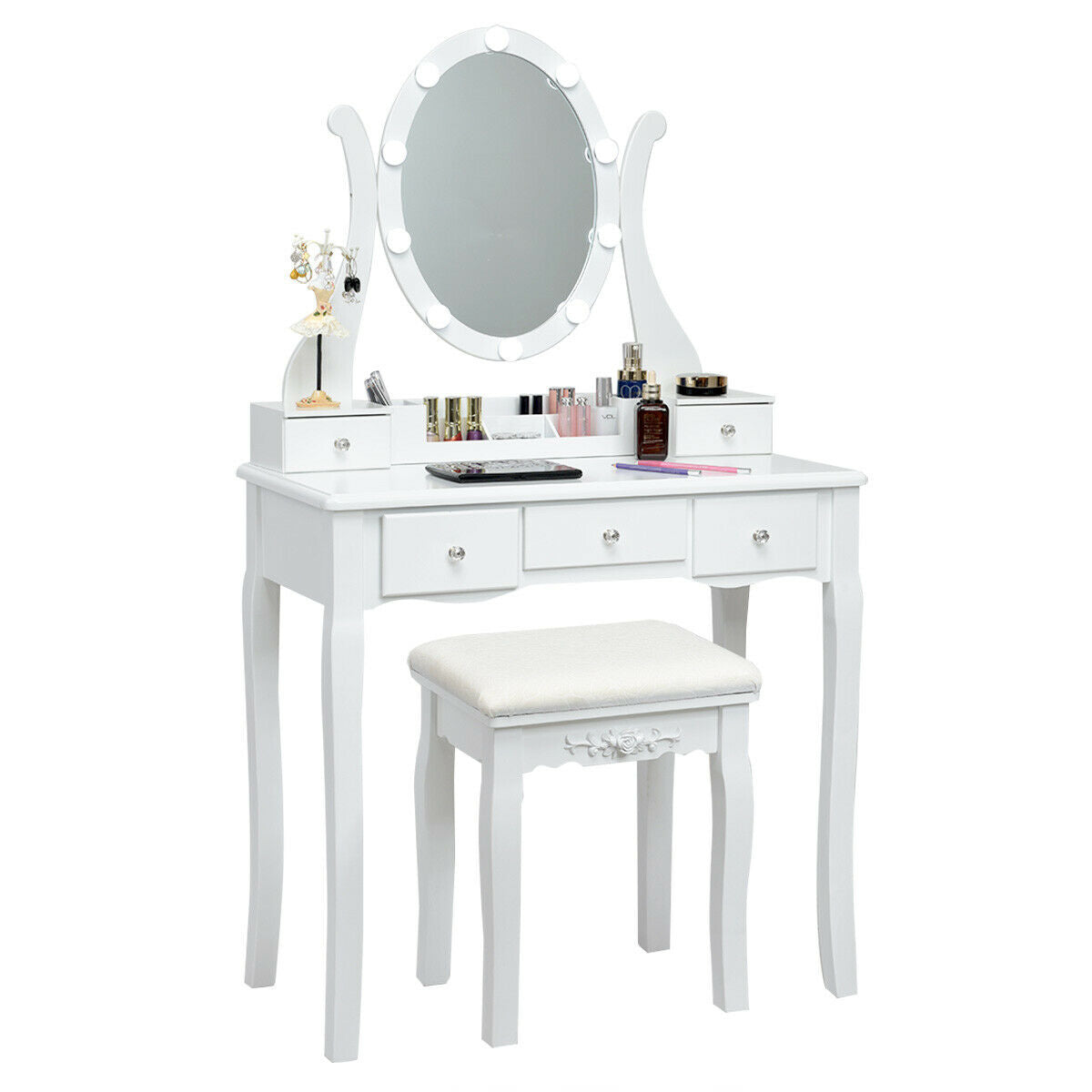 10 Dimmable Lights Vanity Table Set, Lighted Mirror, Cushioned Stool, White Makeup Vanities at Gallery Canada