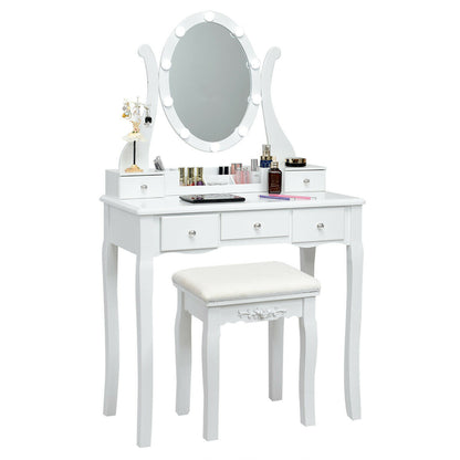 10 Dimmable Lights Vanity Table Set, Lighted Mirror, Cushioned Stool, White Makeup Vanities White at Gallery Canada