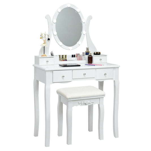 10 Dimmable Lights Vanity Table Set, Lighted Mirror, Cushioned Stool, White Makeup Vanities White at Gallery Canada