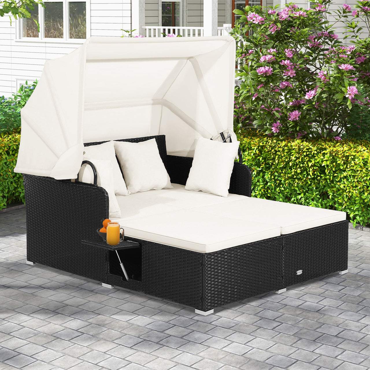 Patio Rattan Daybed with Retractable Canopy and Side Tables - Gallery View 2 of 10