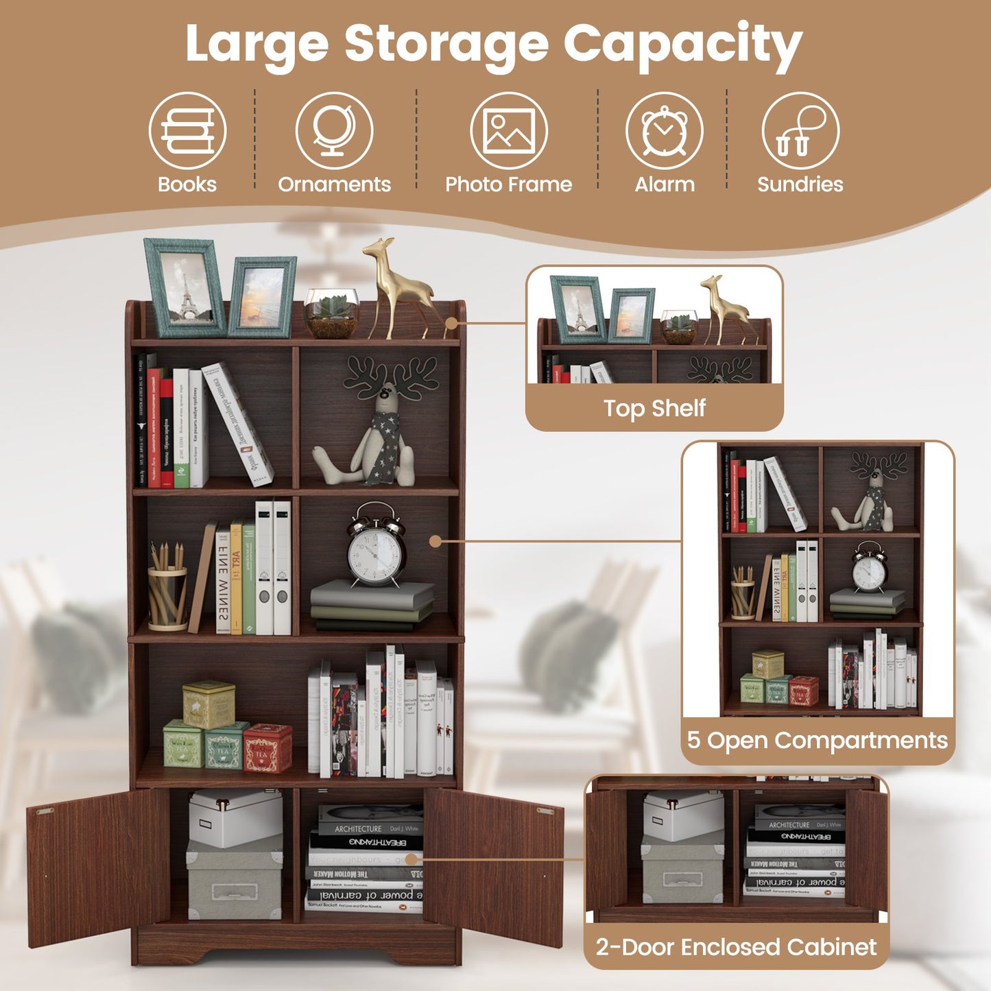 4 Tiers Bookshelf with 4 Cubes Display Shelf and 2 Doors, Brown