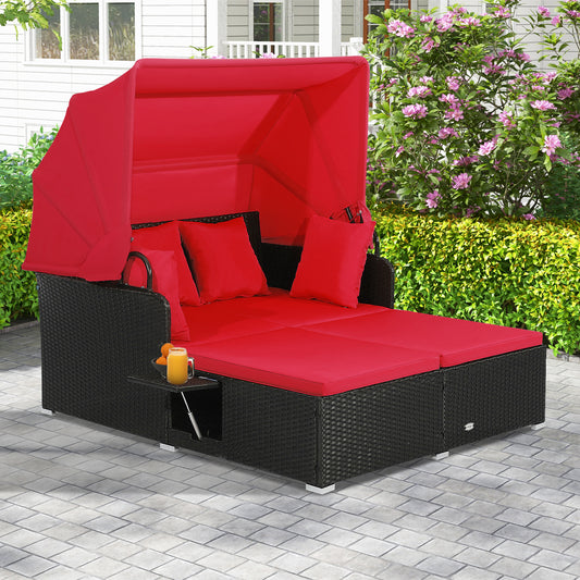 Patio Rattan Daybed with Retractable Canopy and Side Tables, Red Outdoor Sectionals Red at Gallery Canada