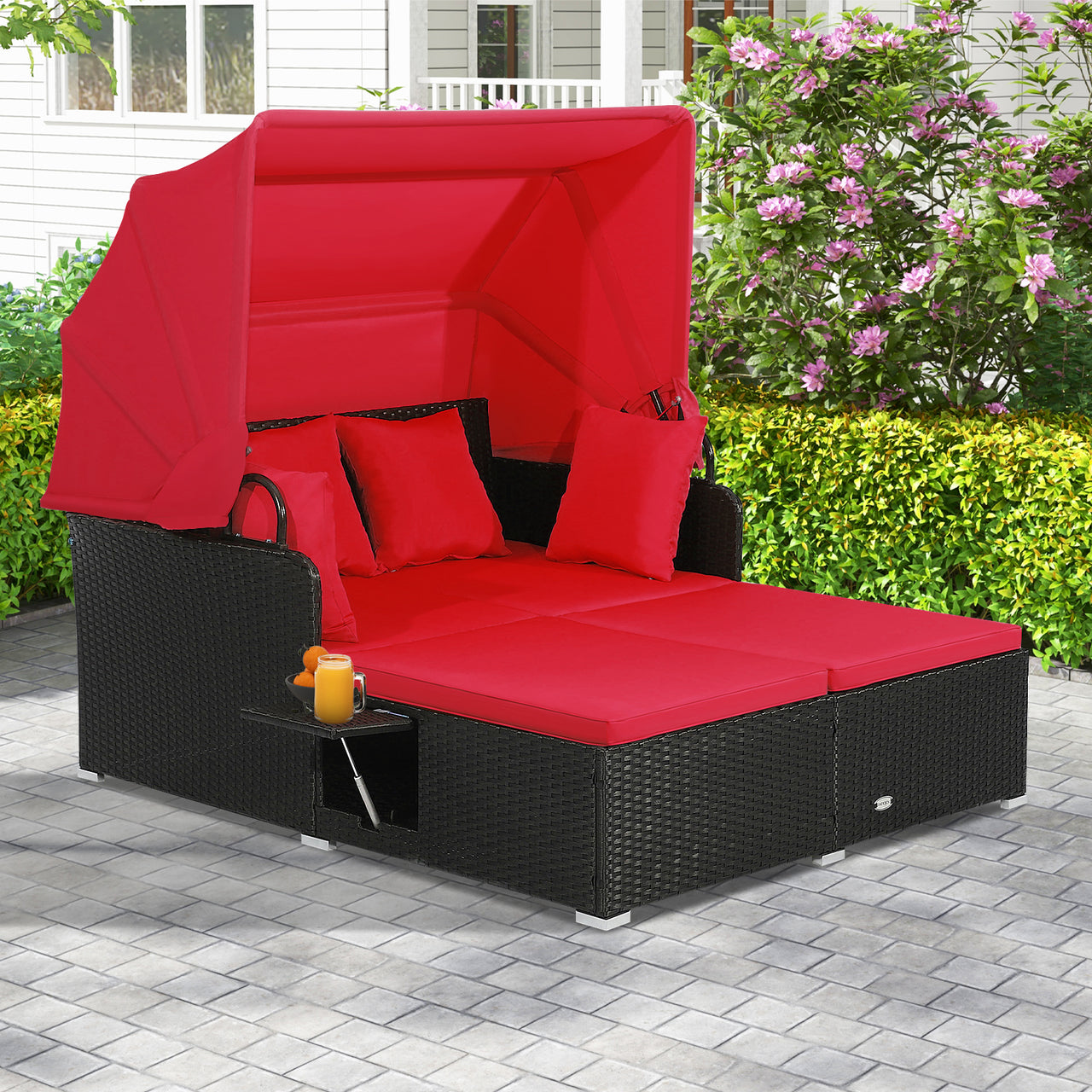 Patio Rattan Daybed with Retractable Canopy and Side Tables - Gallery View 2 of 9