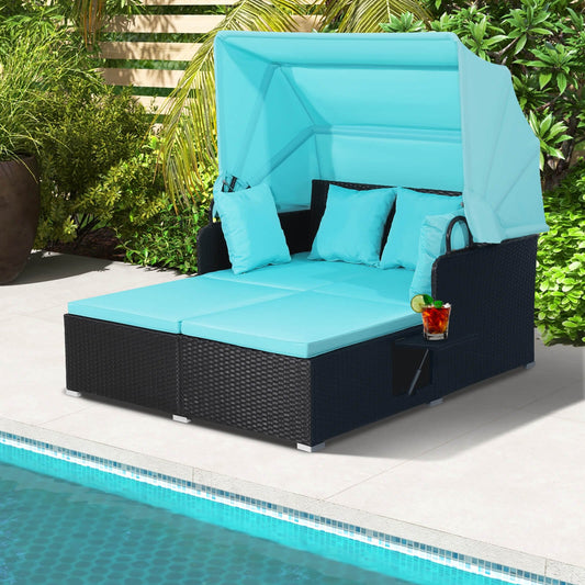 Patio Rattan Daybed with Retractable Canopy and Side Tables, Turquoise - Gallery Canada