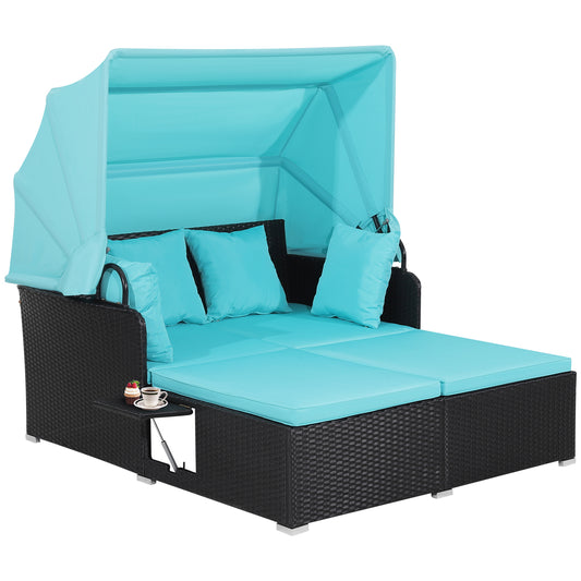 Patio Rattan Daybed with Retractable Canopy and Side Tables, Turquoise Outdoor Sectionals Turquoise at Gallery Canada