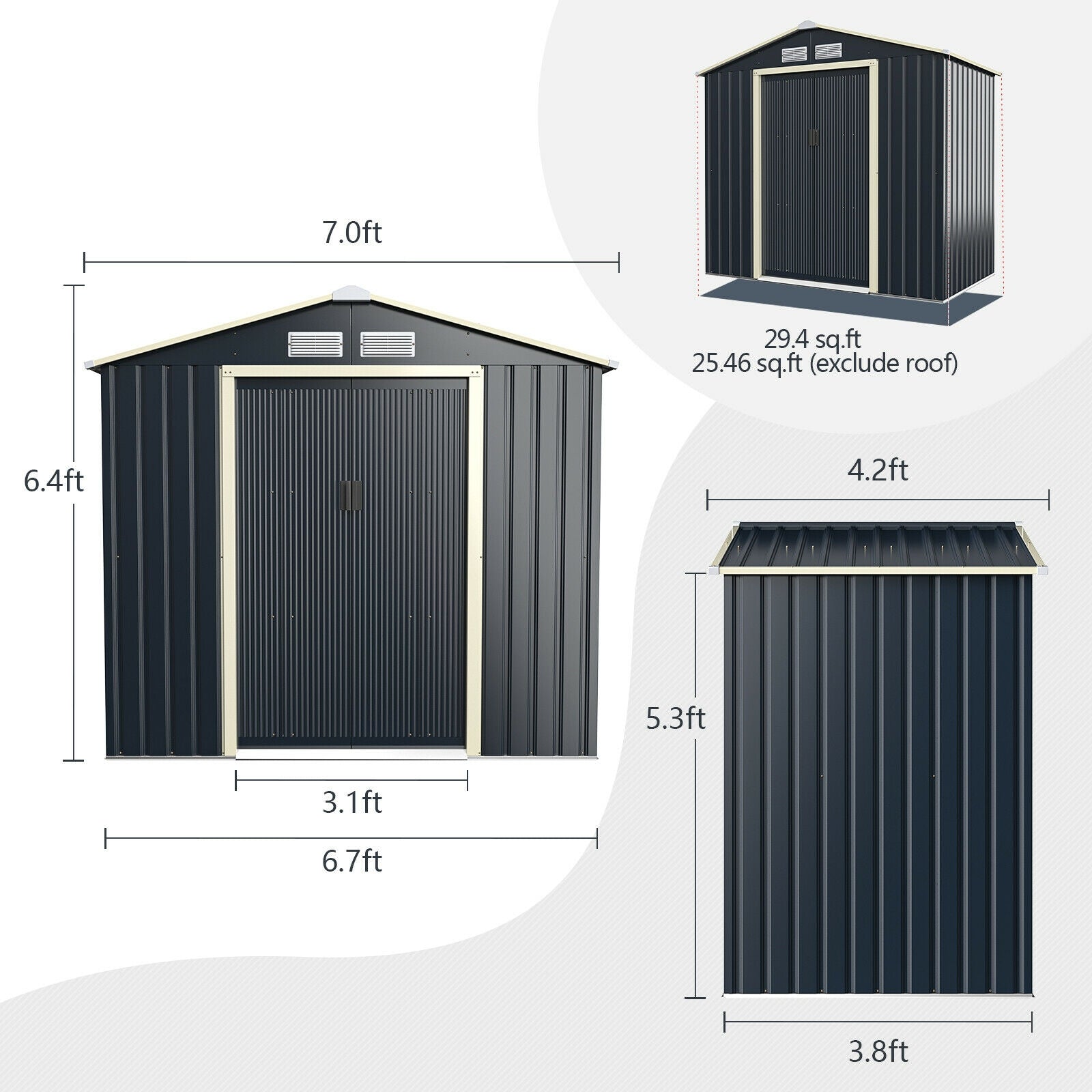 7 Feet x 4 Feet Metal Storage Shed with Sliding Double Lockable Doors, Gray Sheds & Outdoor Storage at Gallery Canada