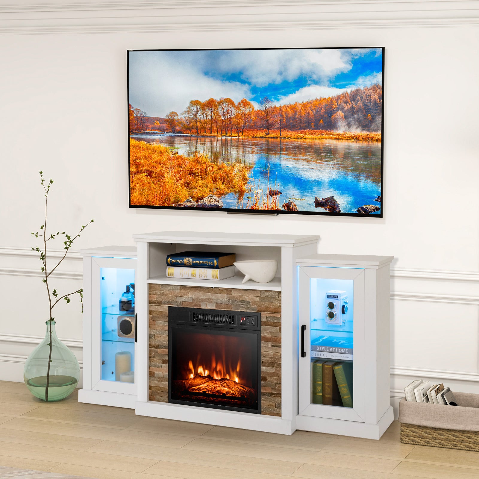 Fireplace TV Stand with 16-Color Led Lights for TVs up to 65 Inch, White Entertainment Centers & TV Stands at Gallery Canada