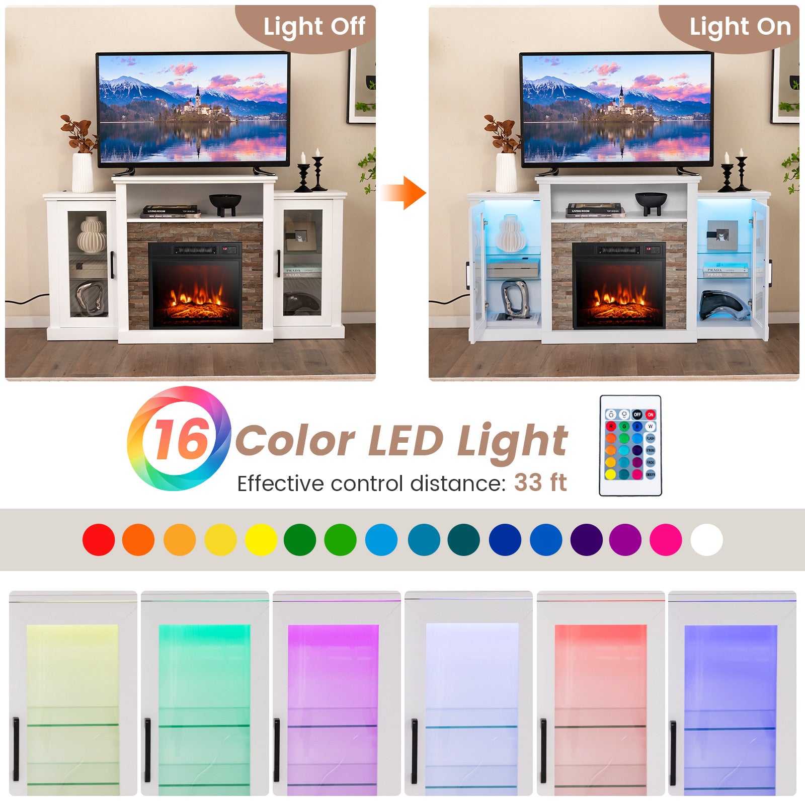 Fireplace TV Stand with 16-Color Led Lights for TVs up to 65 Inch, White Entertainment Centers & TV Stands at Gallery Canada