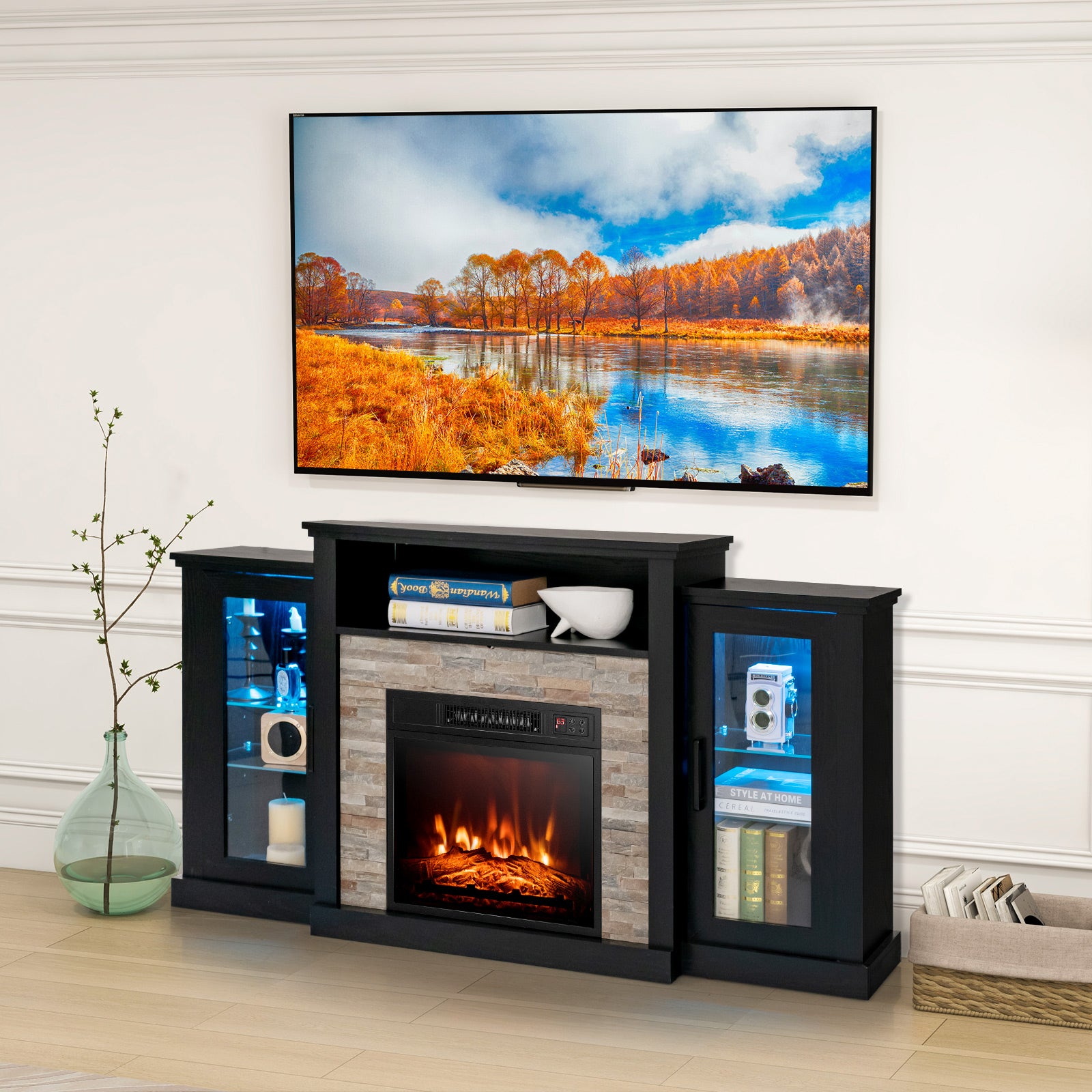 Fireplace TV Stand with 16-Color Led Lights for TVs up to 65 Inch, Black Entertainment Centers & TV Stands at Gallery Canada