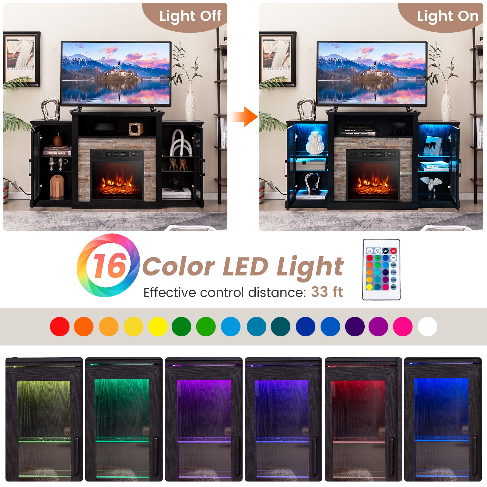 Fireplace TV Stand with 16-Color Led Lights for TVs up to 65 Inch, Black Entertainment Centers & TV Stands at Gallery Canada