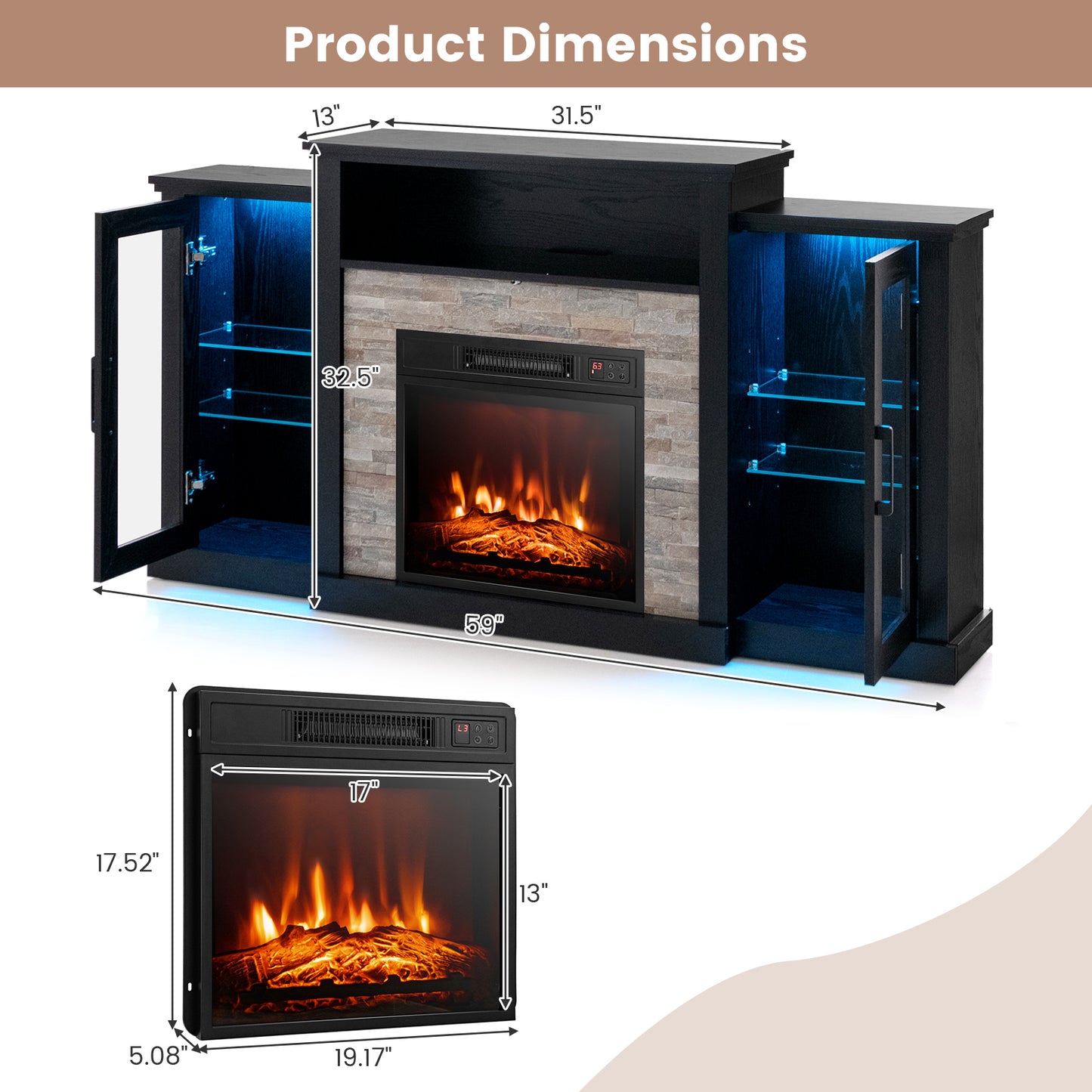 Fireplace TV Stand with 16-Color Led Lights for TVs up to 65 Inch, Black Entertainment Centers & TV Stands at Gallery Canada