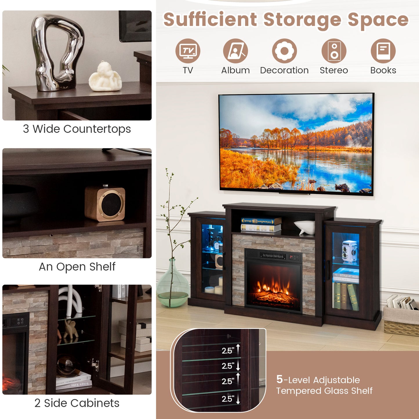 Fireplace TV Stand with 16-Color Led Lights for TVs up to 65 Inch, Dark Brown Entertainment Centers & TV Stands at Gallery Canada