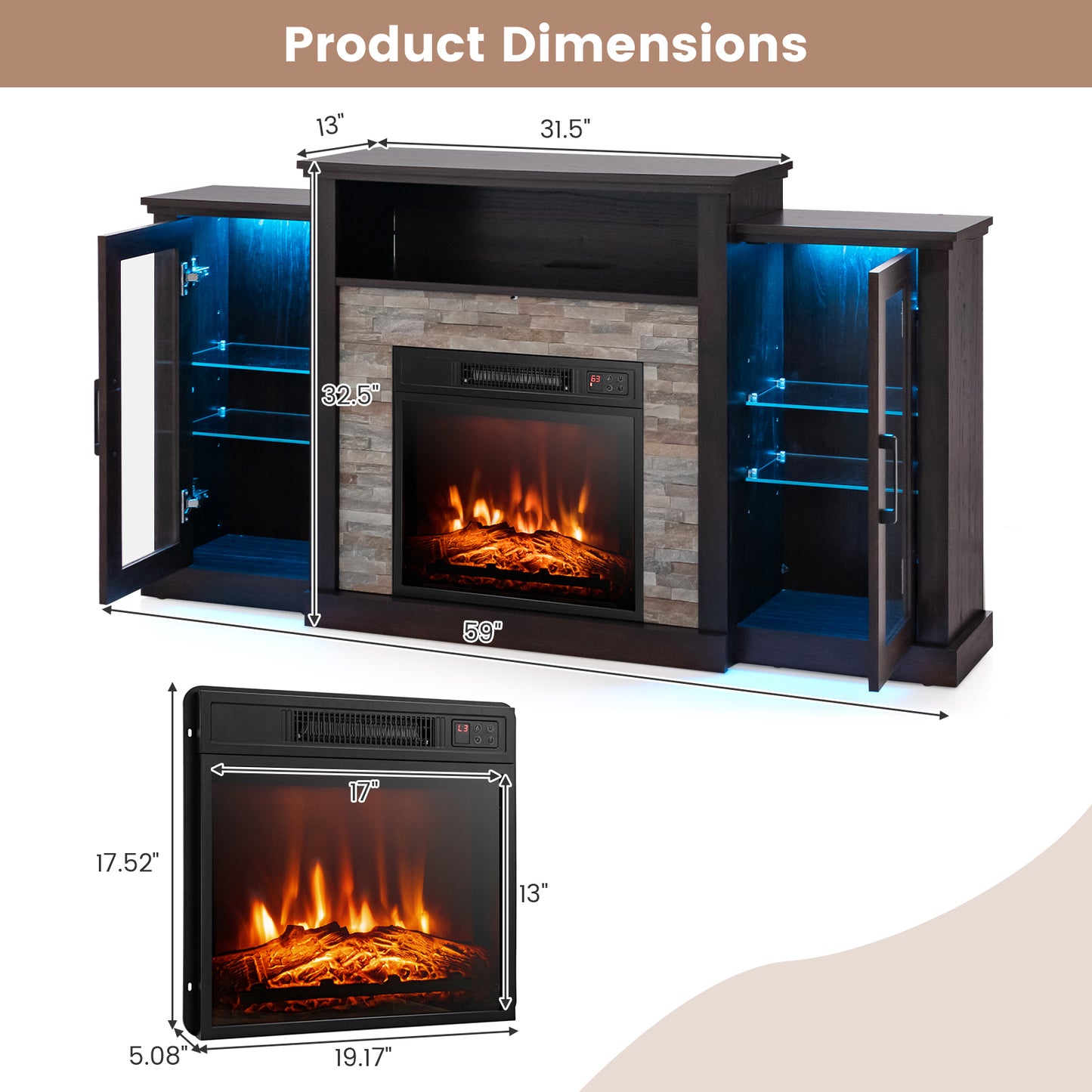 Fireplace TV Stand with 16-Color Led Lights for TVs up to 65 Inch, Dark Brown Entertainment Centers & TV Stands at Gallery Canada