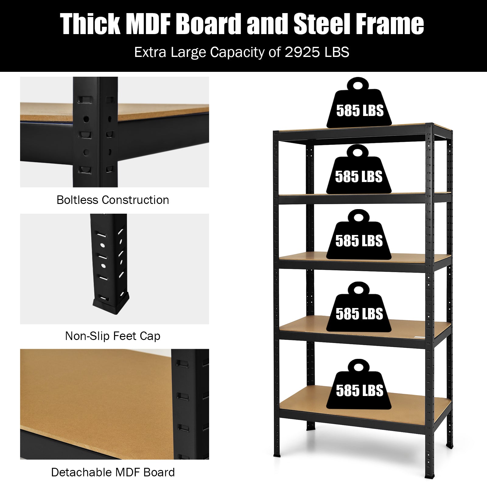 71 inch Heavy Duty Steel Adjustable 5 Level Storage Shelves, Black Garages at Gallery Canada