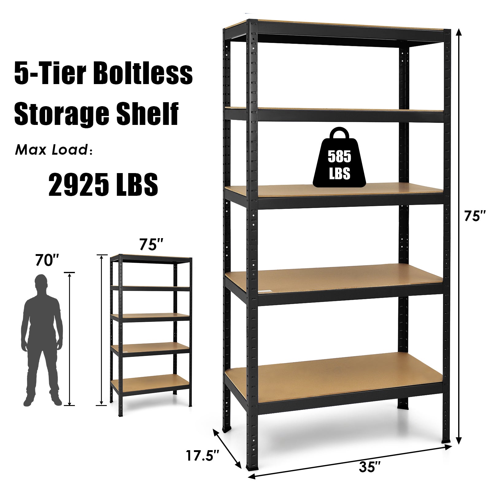 71 inch Heavy Duty Steel Adjustable 5 Level Storage Shelves, Black Garages at Gallery Canada