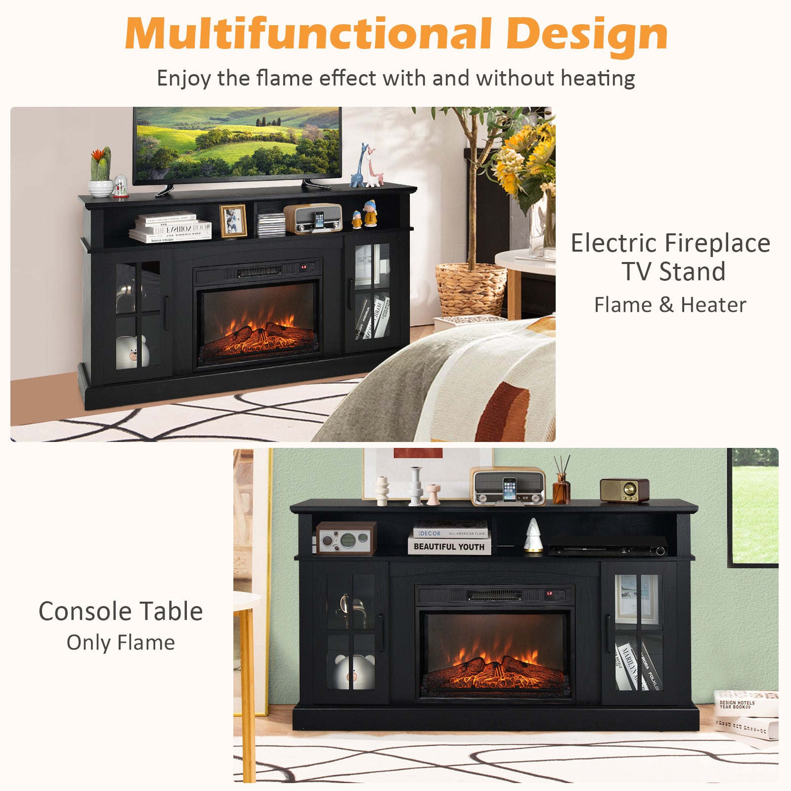 Fireplace TV Stand, 1400W Electric Fireplace, Black Entertainment Centers & TV Stands at Gallery Canada