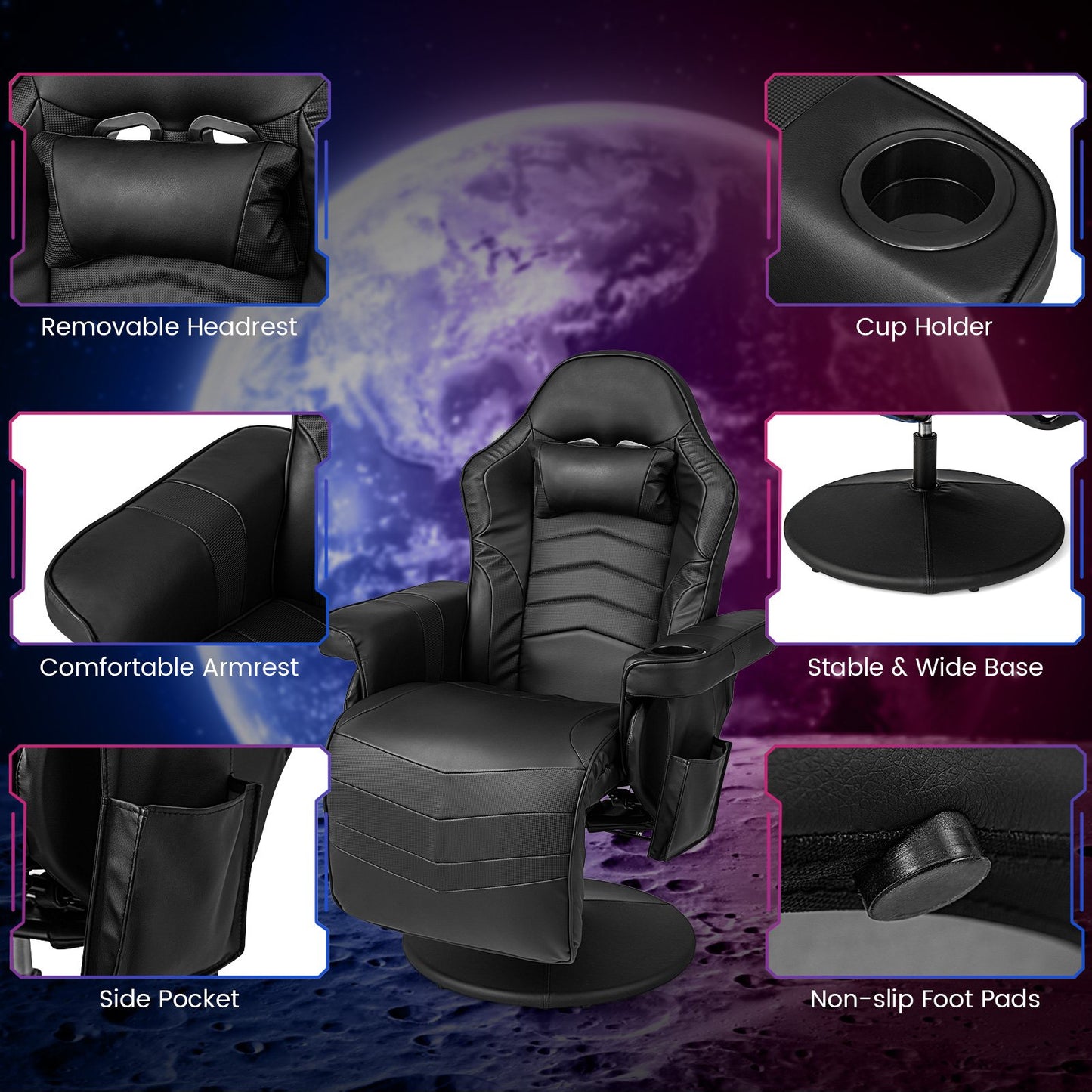 Massage Video Gaming Recliner Chair with Adjustable Height, Black