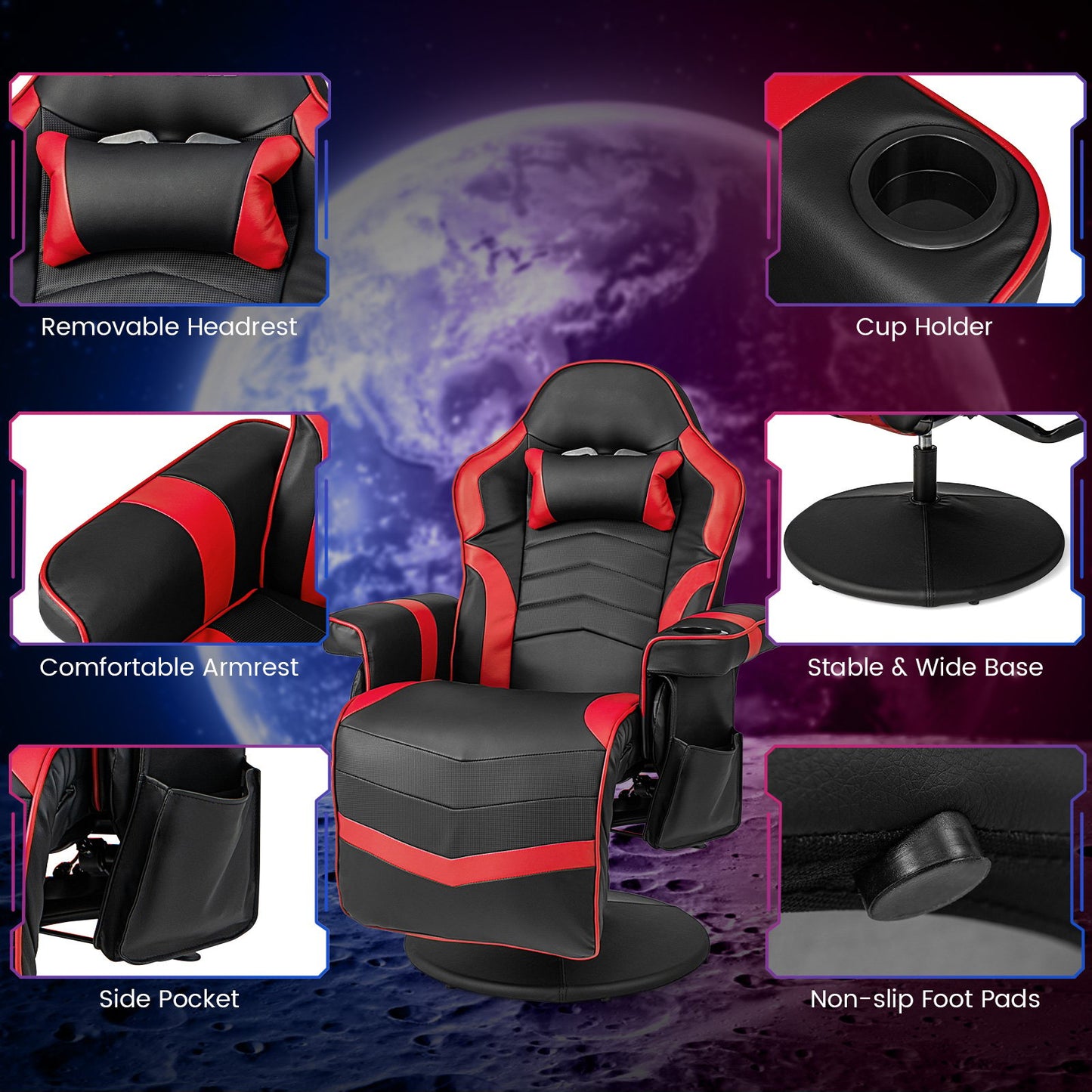 Massage Video Gaming Recliner Chair with Adjustable Height, Red