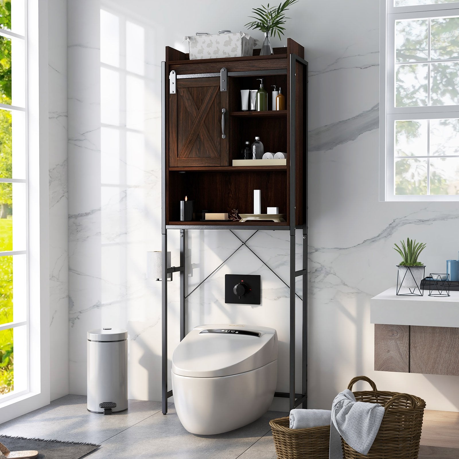 4-Tier Multifunctional Toilet Sorage Cabinet with Adjustable Shelf and Sliding Barn Door, Brown at Gallery Canada