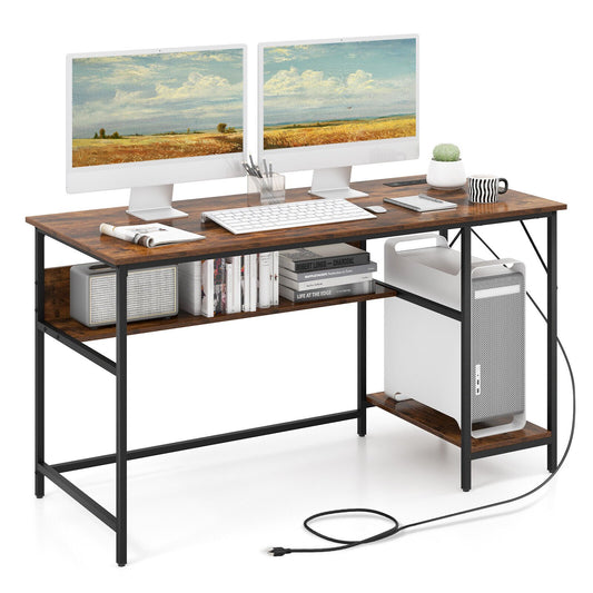 55 Inches Computer Desk with Charging Station, Brown - Gallery Canada