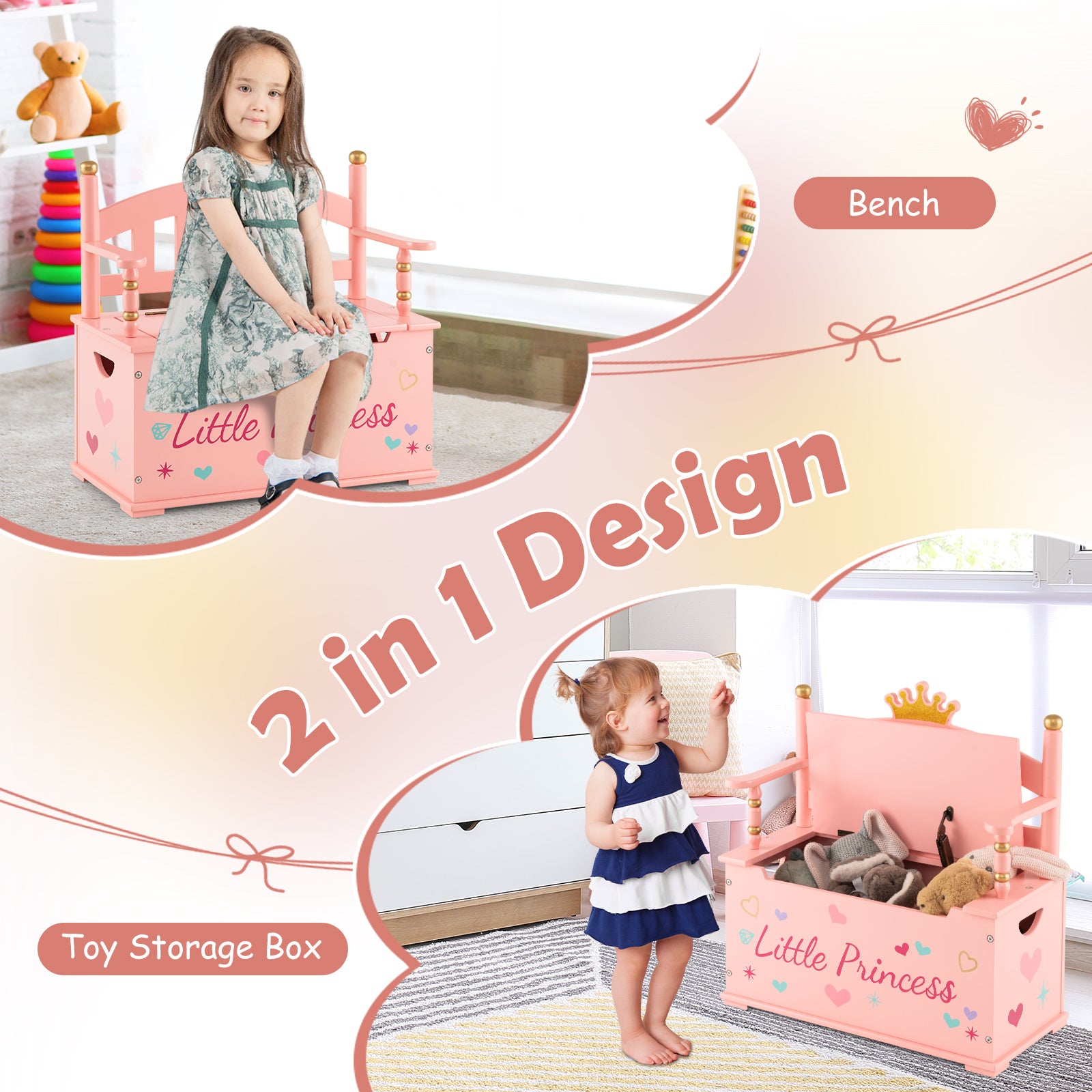 2-In-1 Kids Princess Wooden Toy Box with Safe Hinged Lid, Pink Kids Storage at Gallery Canada