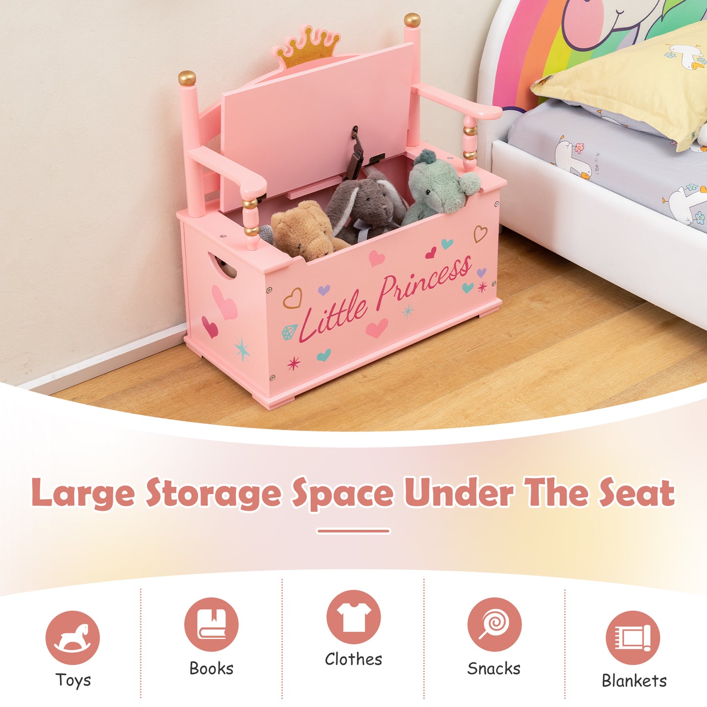 2-In-1 Kids Princess Wooden Toy Box with Safe Hinged Lid, Pink Kids Storage at Gallery Canada
