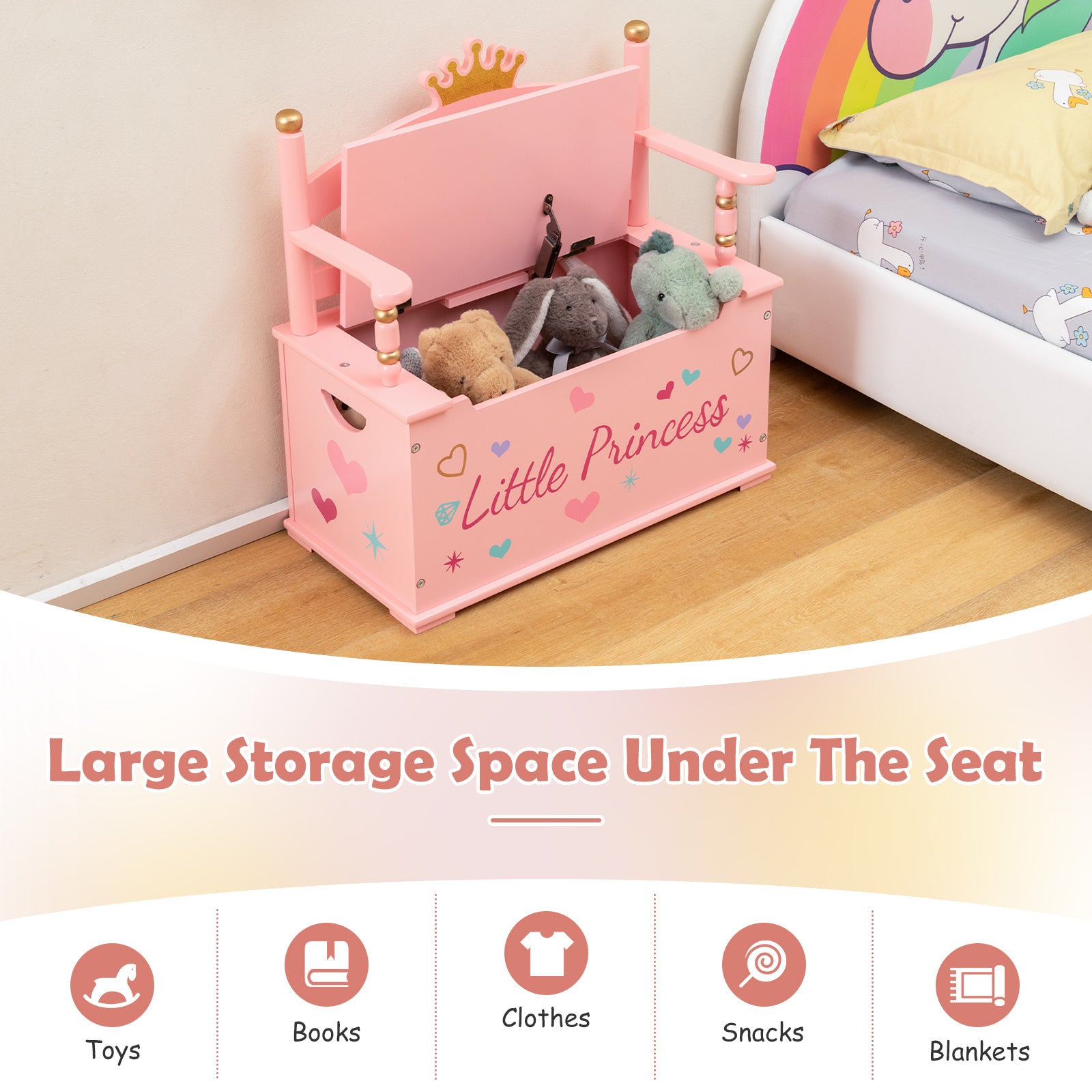 2-In-1 Kids Princess Wooden Toy Box with Safe Hinged Lid, Pink Kids Storage at Gallery Canada