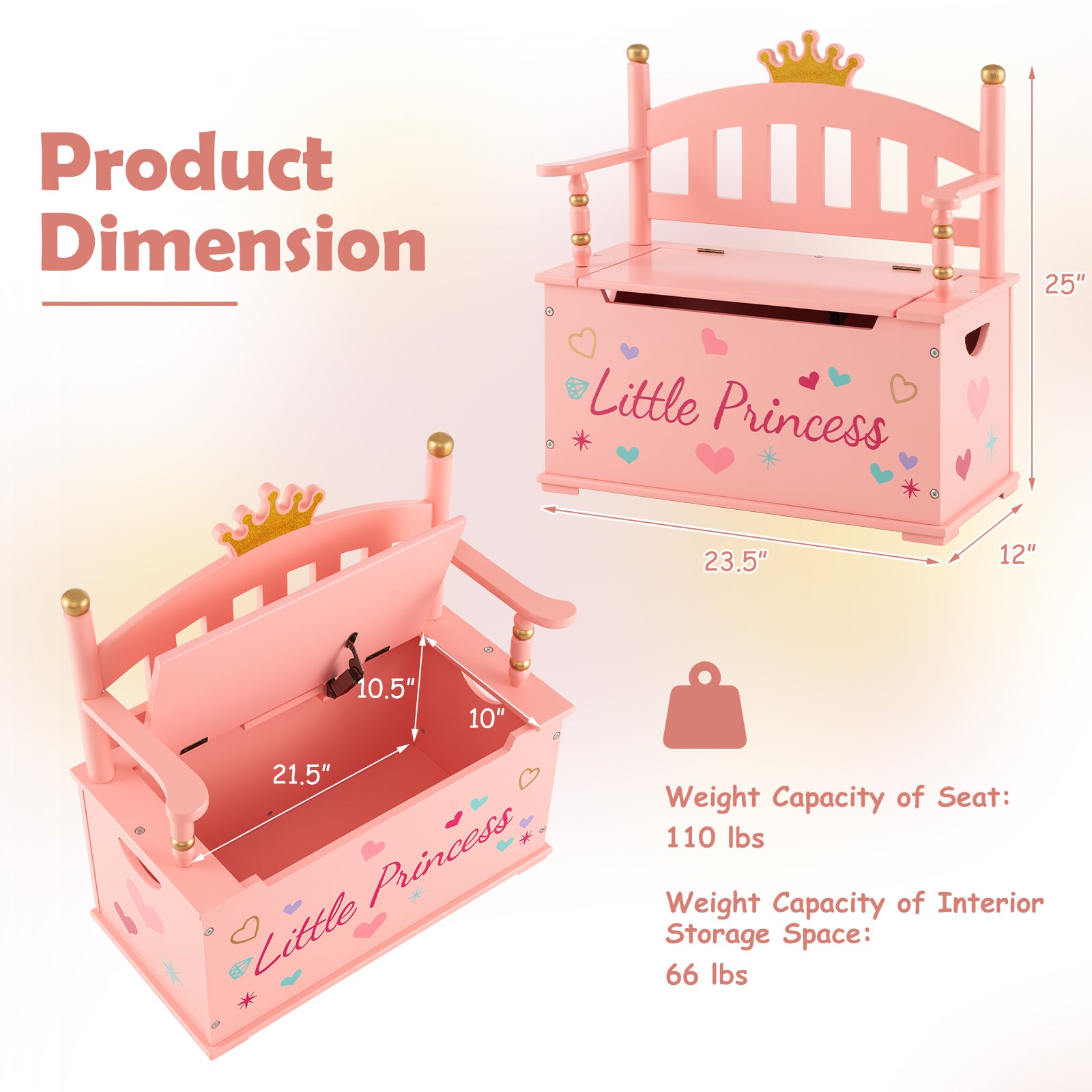 2-In-1 Kids Princess Wooden Toy Box with Safe Hinged Lid, Pink Kids Storage at Gallery Canada