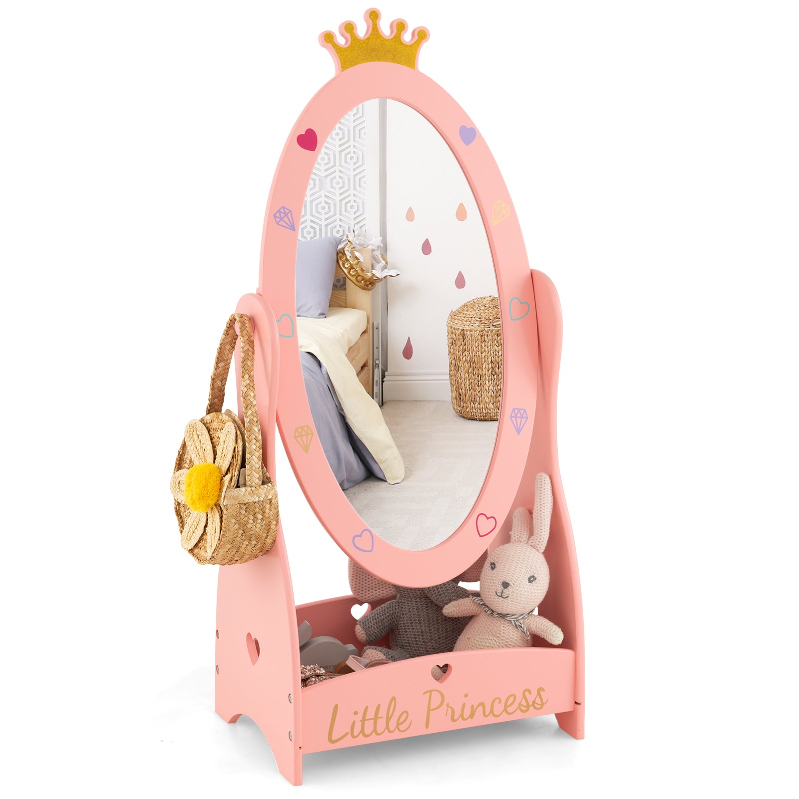 Kids Full Length Mirror with 360 Degree Rotatable Design and Shelf, Pink Kids Vanities Pink at Gallery Canada