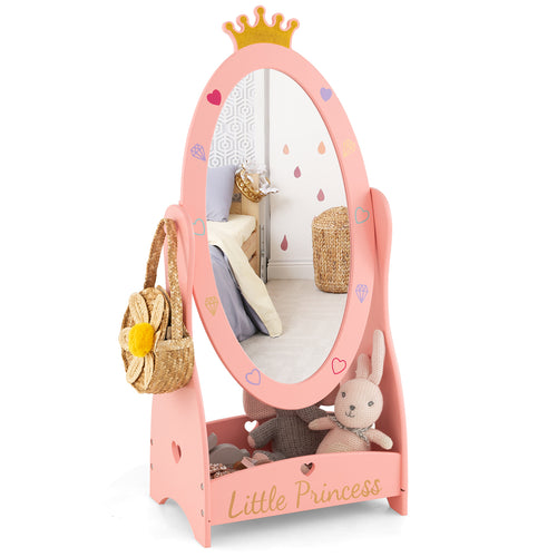 Kids Full Length Mirror with 360 Degree Rotatable Design and Shelf, Pink