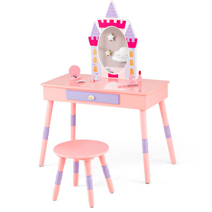 Kids Princess Vanity Table and Stool Set with Drawer and Mirror, Pink Kids Vanities Pink at Gallery Canada