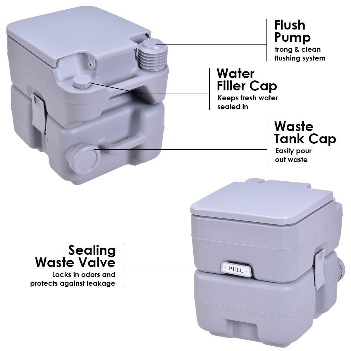 5.3 Gallon Portable Toilet with Waste Tank and Built-in Rotating Spout, Gray Portable Toilets & Showers at Gallery Canada