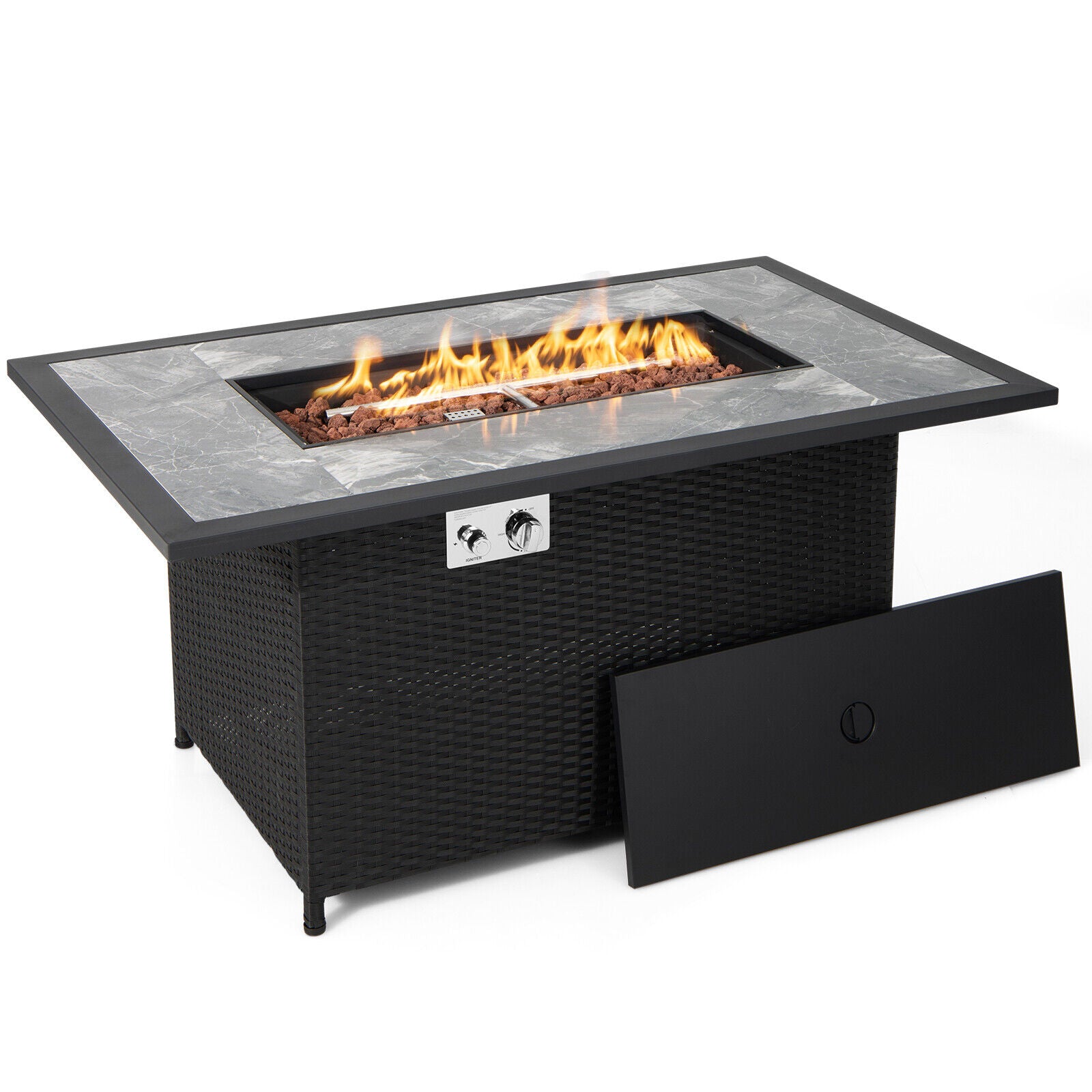52 Inch Rattan Fire Pit Table With Rain Cover, Lava Rock, Black Fire Pit Tables at Gallery Canada