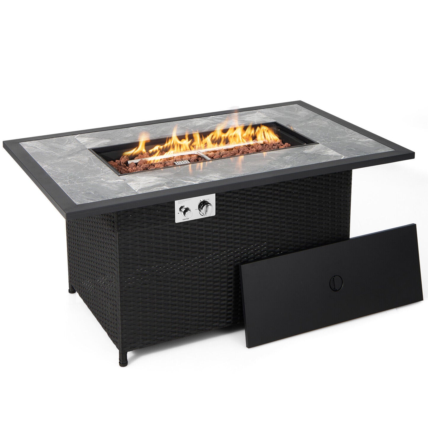 52 Inch Rattan Wicker Propane Fire Pit Table with Rain Cover and Lava Rock, Black Fire Pit Tables Black at Gallery Canada