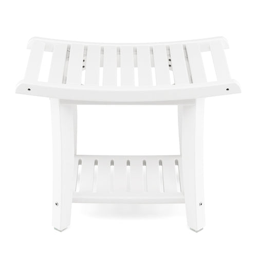Heavy Duty Waterproof Bath Stool with Curved Seat and Storage Shelf, Off White
