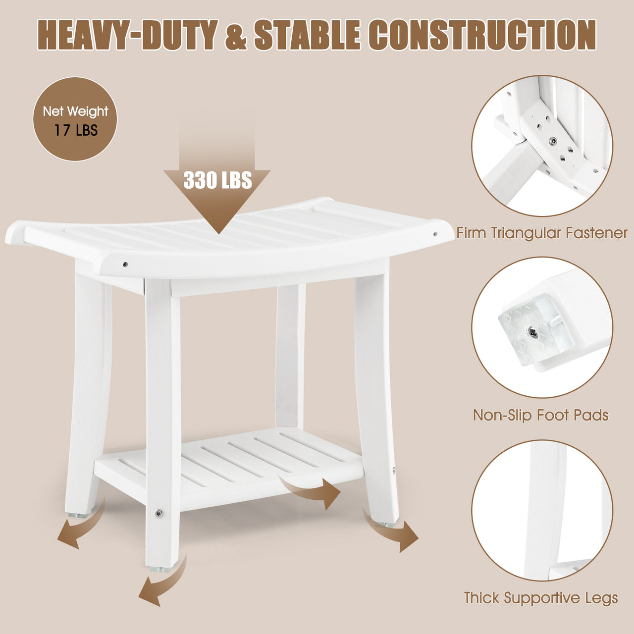 2-Tier HDPE Heavy Duty Shower Bench with Handle and Storage Shelf - Gallery View 7 of 11