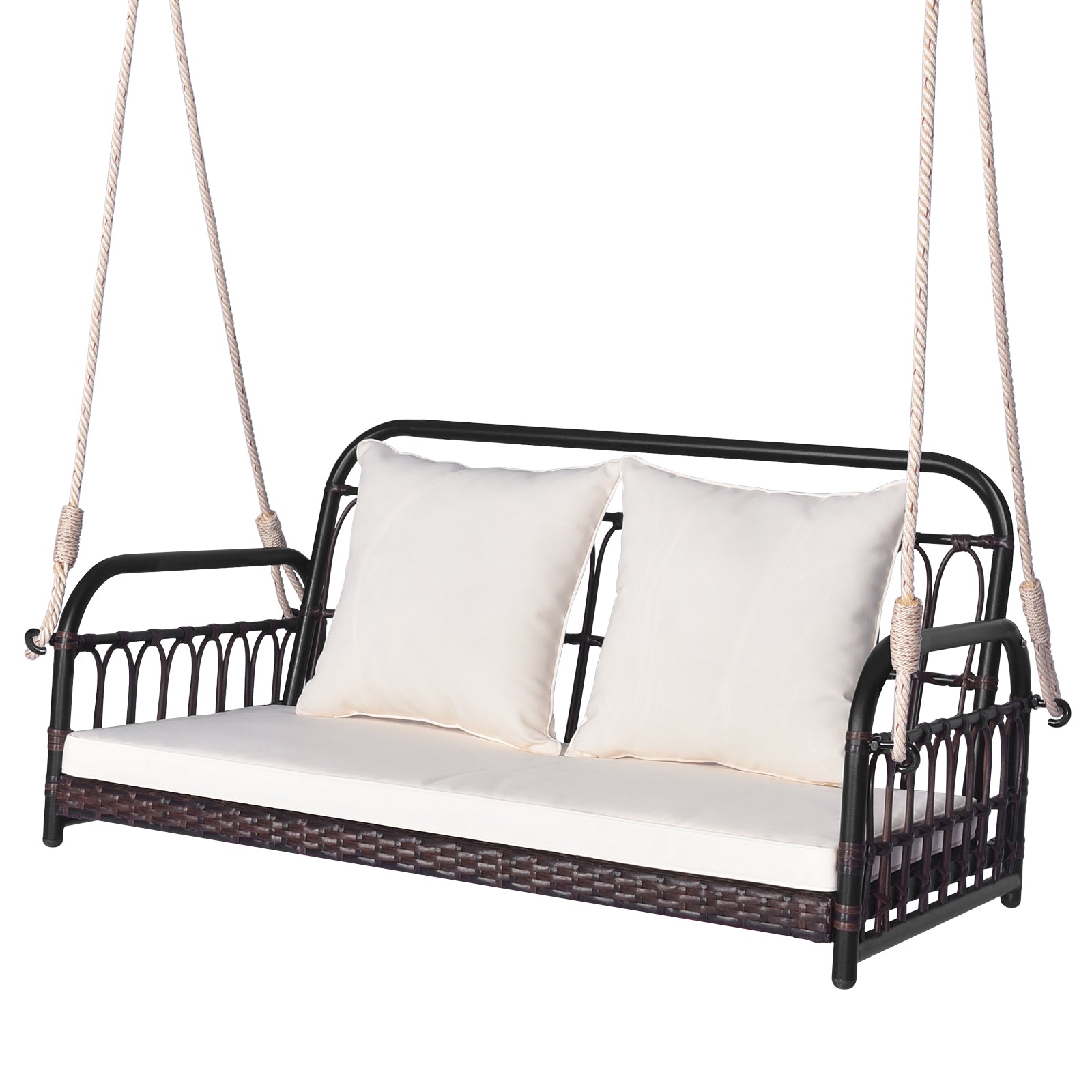 880LBS Wicker Hanging Porch Swing With Cushions, White Porch Swings White at Gallery Canada