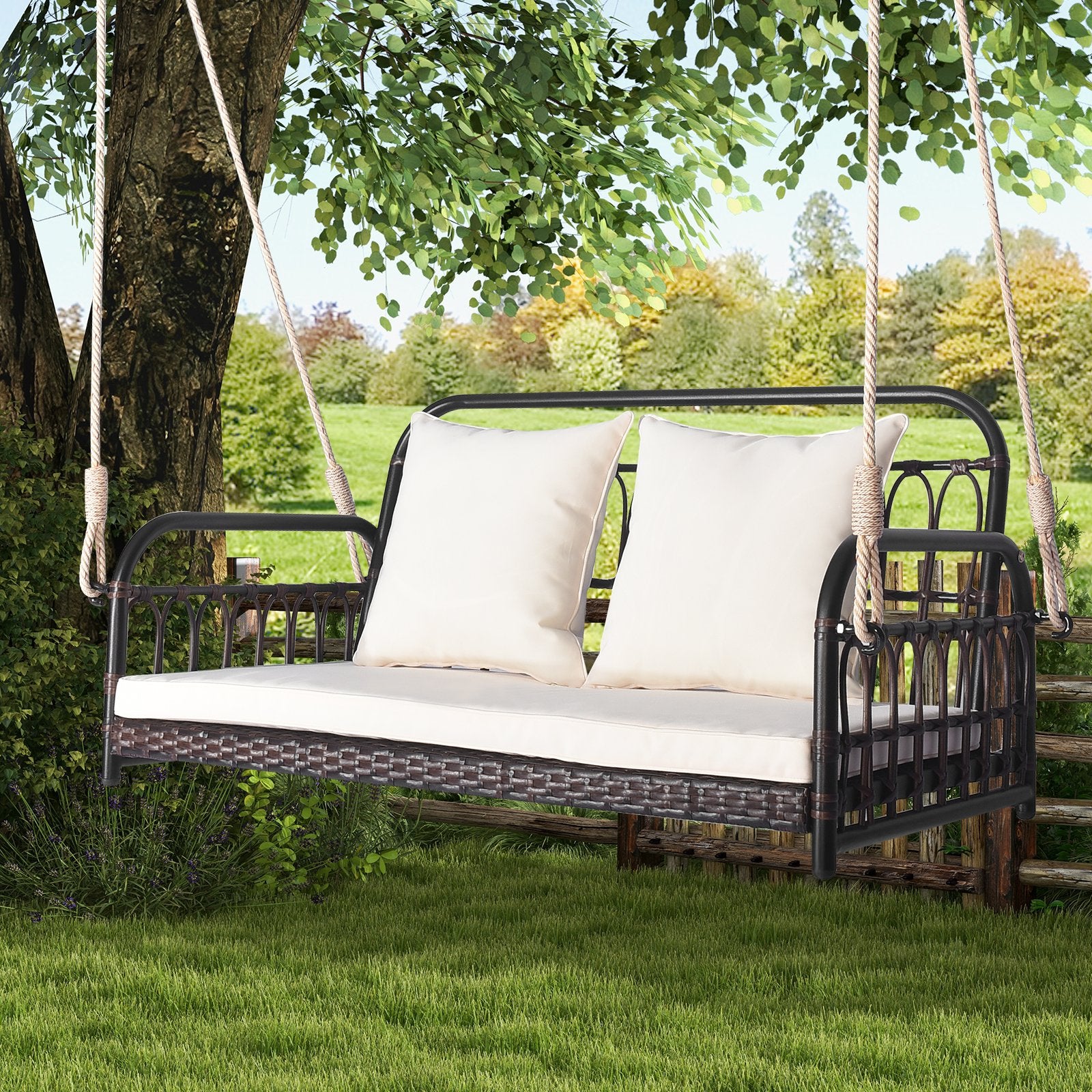 880LBS Wicker Hanging Porch Swing with Cushions, White - Gallery Canada