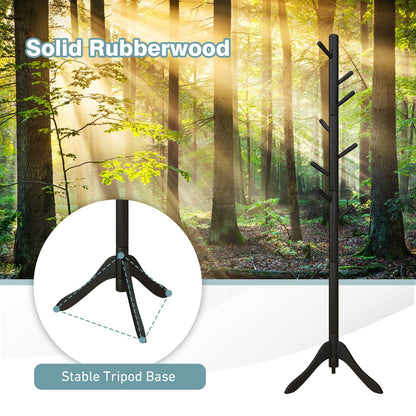 Adjustable Wooden Tree Coat Rack with 8 Hooks, Black